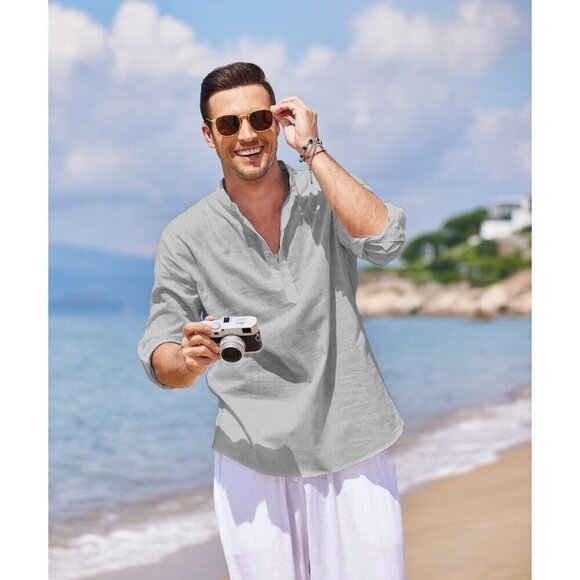 Men's Cotton Linen Henley Shirt Long Sleeve Casual Beach T Shirts Gray - Picture 3 of 7